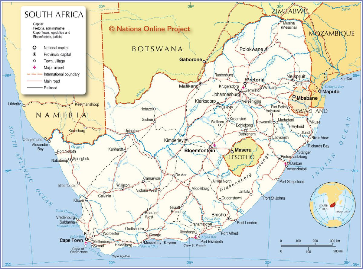 Detailed Map of South Africa with Roads, Cities, and Borders